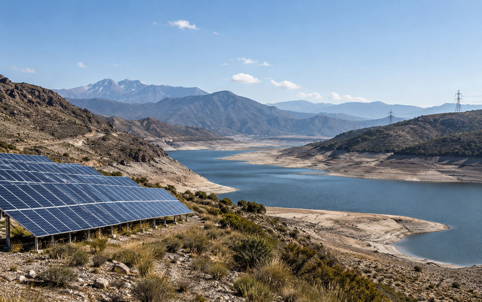Illustrative dry reservoir, solar panels and transmission lines in a mountain landscape