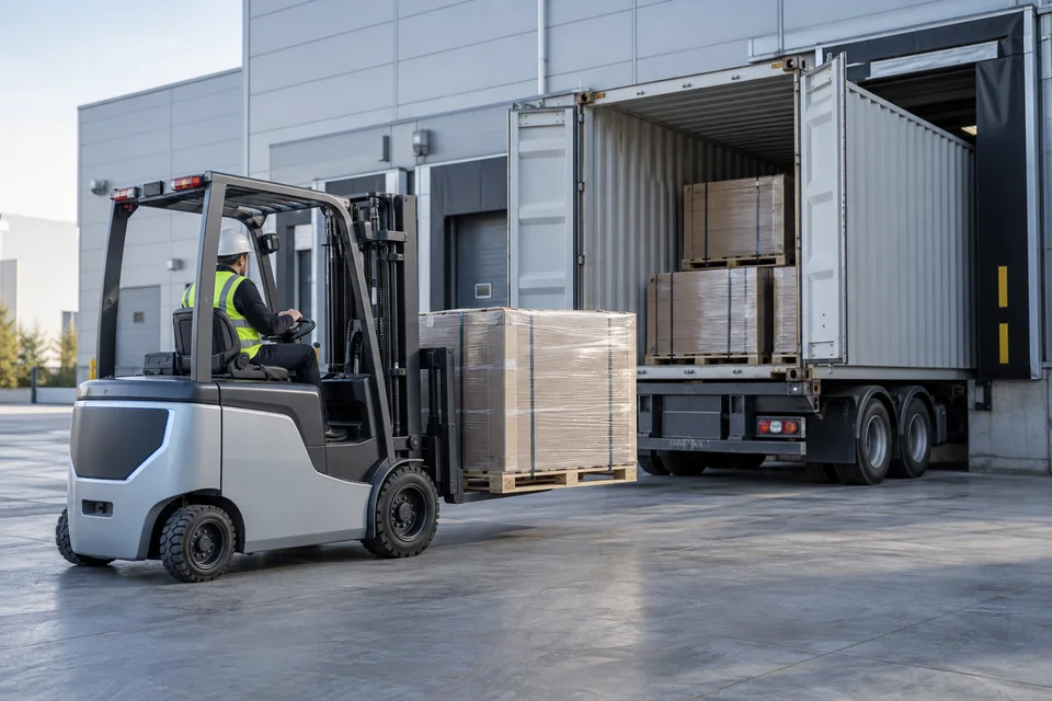 Illustrative forklift and container loading scene, not evidence of an actual shipment